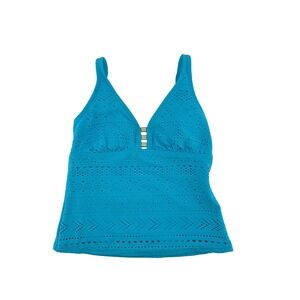 Beach Diva Womens Turquoise Blue Eyelet Crochet Tankini Top Gold Hardware 8